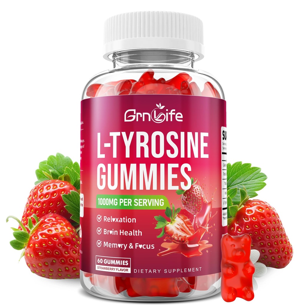 L Tyrosine Gummies 1000mg, Suplemento sin azúcar L-Tyrosine para adultos y niños, Gummies de enfoque para la energía y la memoria, Strawberry Flavor, 60 Condes
