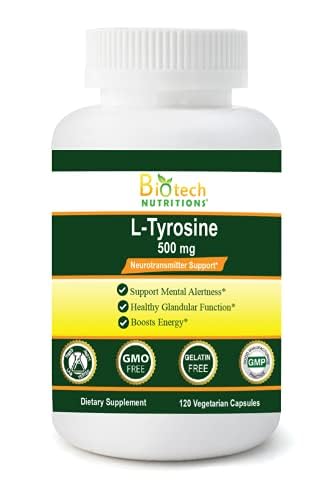 L-Tyrosine 500 mg 120 Vegetable Capsules Made in USA Non-GMO, Gelatin Free Tyrosine