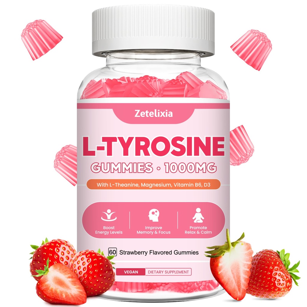 L Tyrosine Gummies, L-Tyrosine Supplement, 10-in-1 Tyrosine Gummies with Vitamin B6 D3, Tyrosine Supplement Support Cognitive, Memory, Energy, Mood for Adult &amp; Kids, Strawberry Flavor, 60 Ct