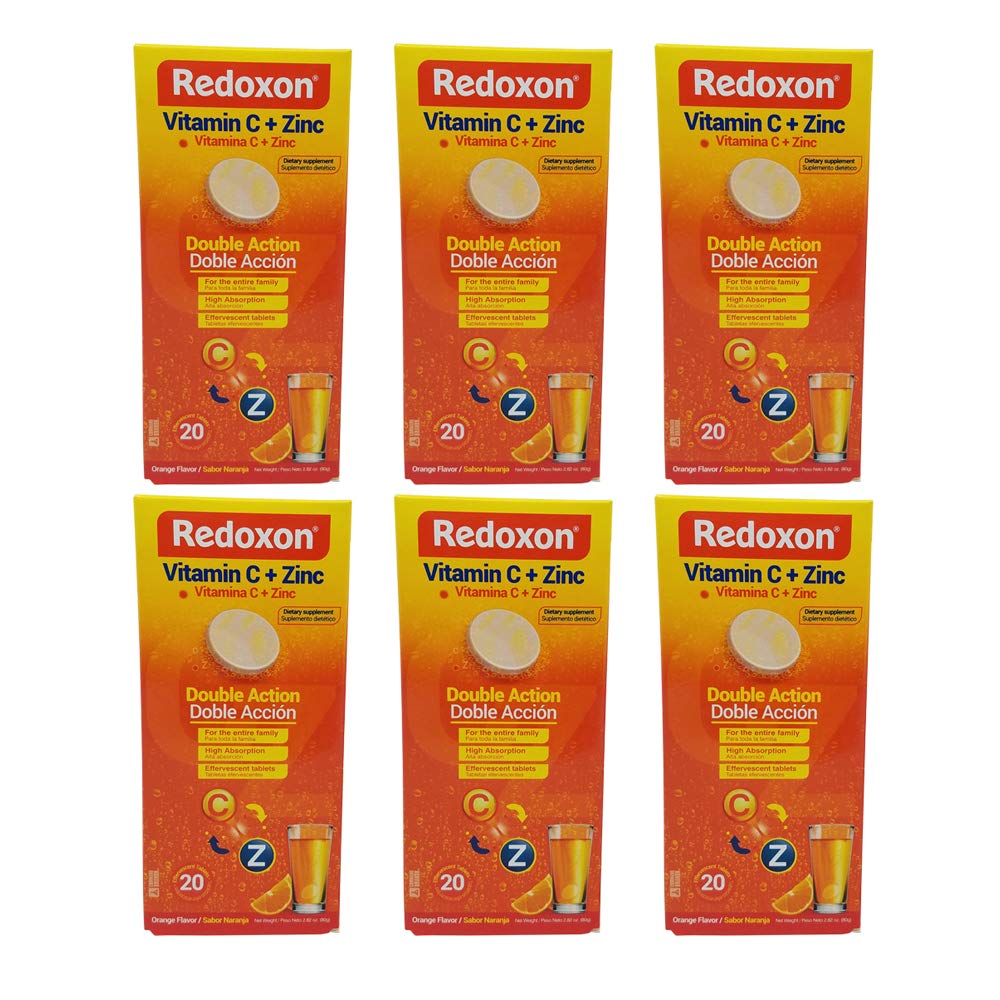 Redoxon Orange Effervescent Vitamina C con Con Zinc, 20 Tablets (6 Pack) 20 Cuenta