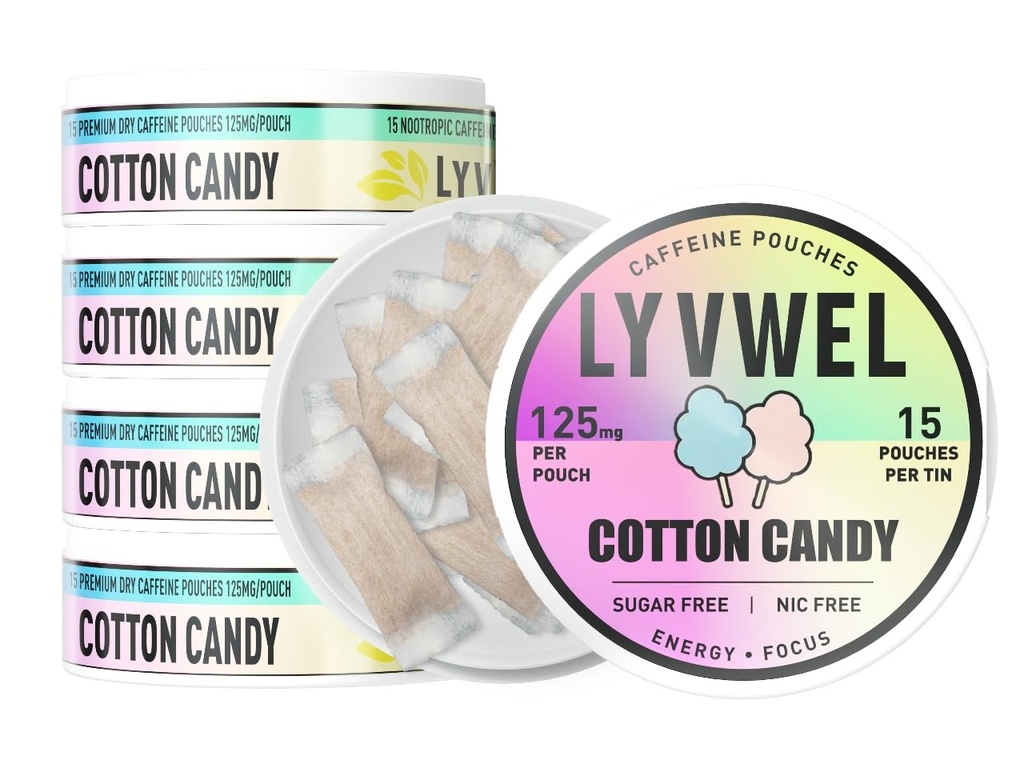 LyvWel 125mg Caffeine Energy Pouches – Clean Energy with Guarana for Focus & Stamina – 5-Pack (75 Total Pouches) (5 Pack, Cotton Candy)
