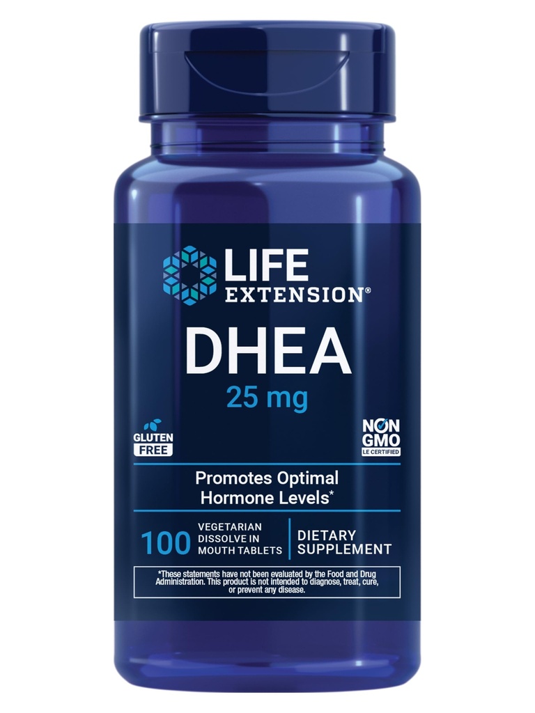 Extensión de la vida DHEA 25 mg – Suplemento de equilibrio hormonal, memoria, salud muscular, salud ósea, salud de los hombres, salud de las mujeres, libre de gluten, no GMO, vegetariano, 100 tabletas de dissolve-en-Mouth