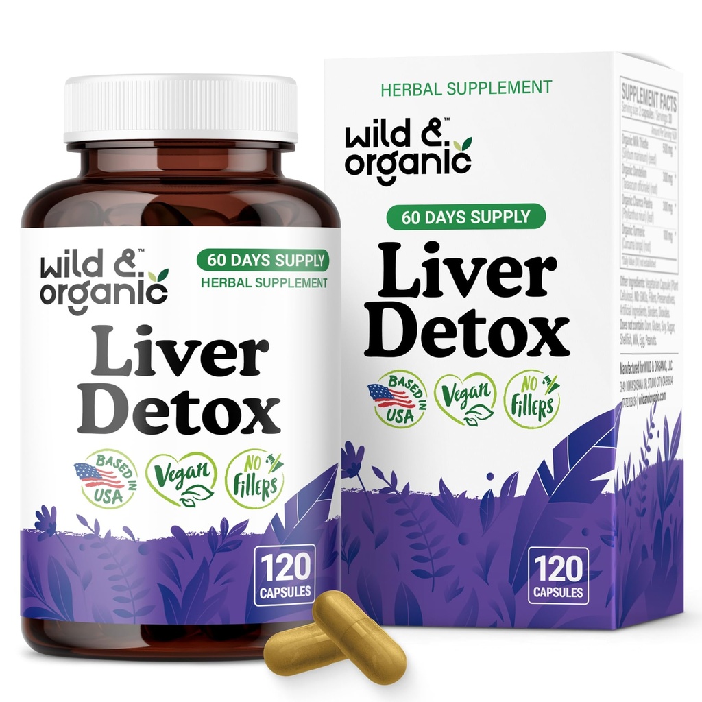 Wild & Organic Liver Detox Capsules - Milk Thistle, Dandelion Root, Turmeric Liver Cleanse Support - Silymarin Milk Thistle Supplement - 120 Vegan Capsules - 2-Month Supply - Non-GMO