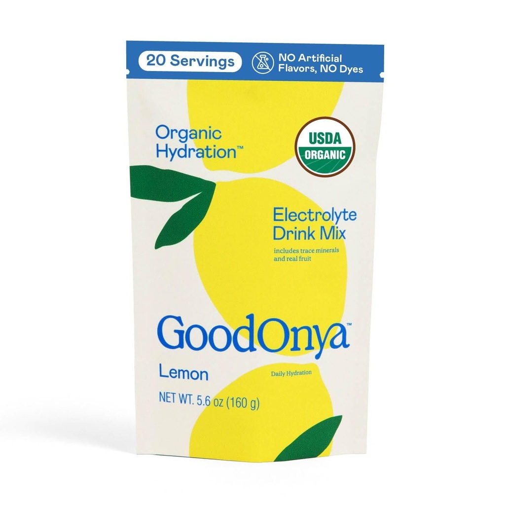 GoodONYA Organic Hydration Electrolyte Drink Mix, Certified Organic Hydration Powder, Non-GMO, Biochecked Glyphosate Free, Low Sugar, Lemonade Flavor, No Artificial Flavors, 20 Servings