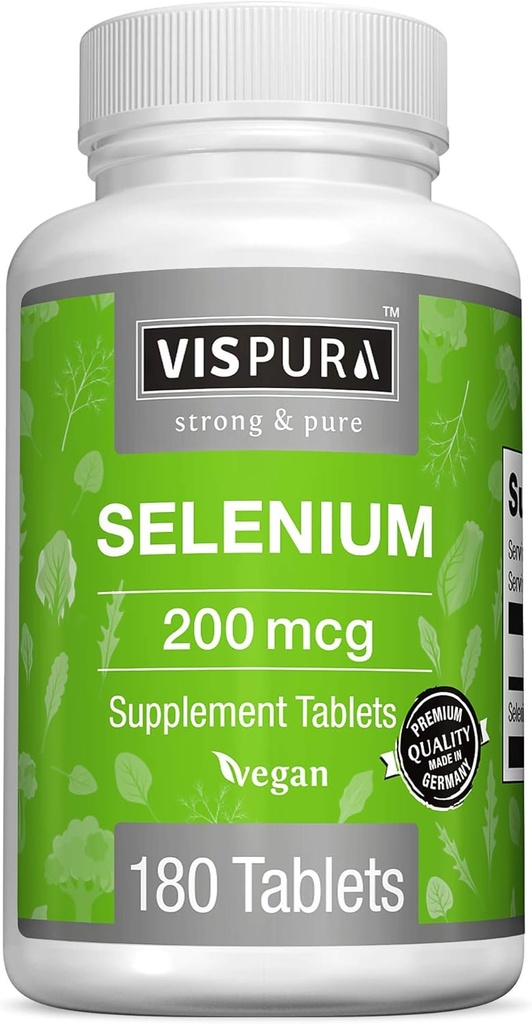 Selenium 200 mcg Suplemento, 180 Tablas Vegan para Sistema Inmunitario, Tiroides, Salud Prostática y Corazón*, Traza Ecológica, Natural &amp; Gluten Libre Mineral Sin Aditivos