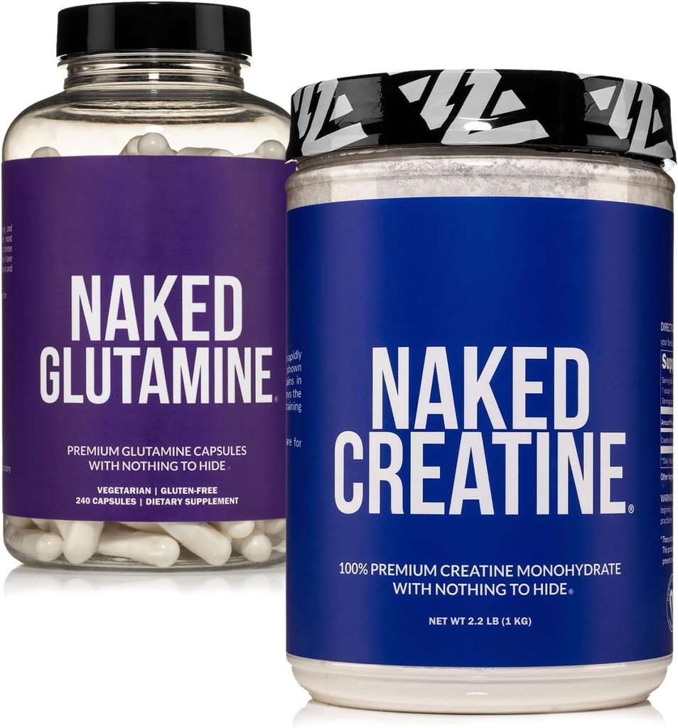 NAKED Puro Monohidrato de Creatina Micronizada 200 Serviciones + Puro L-Glutamina 240 cápsulas Bundle: Vegan, No-GMO, Gluten Gratis. Minimizar Desglose muscular &amp; Mejorar la síntesis de proteínas. Nada artificial