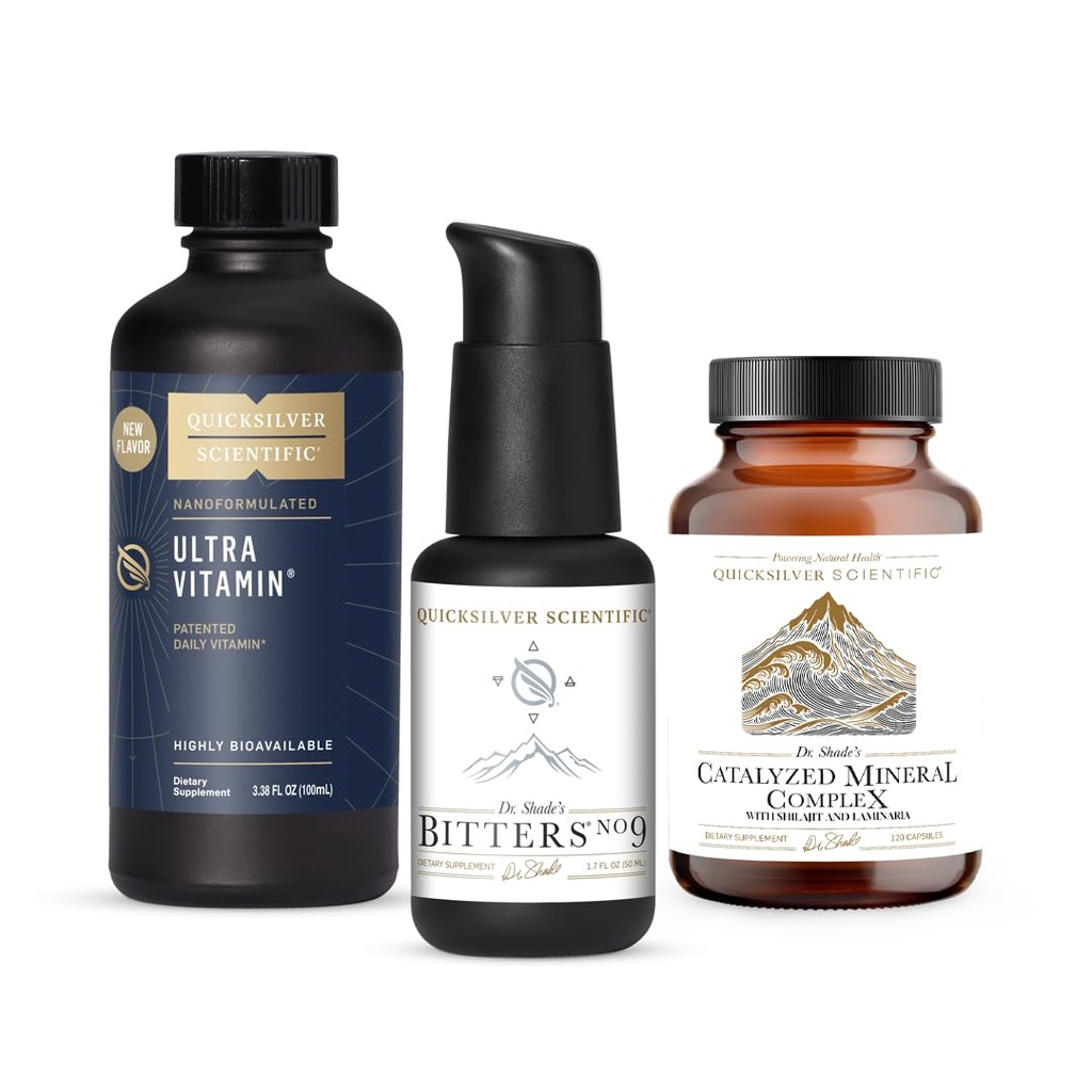 Quicksilver Scientific Ultra Vitamin Liquid Multivitamin with Bioactive B Complex, Vitamins C, D, E & K (100ml), más el Complejo Mineral Catalizado del Dr. Shade " Bitters No. 9 for Energy, Detox " Digestiv