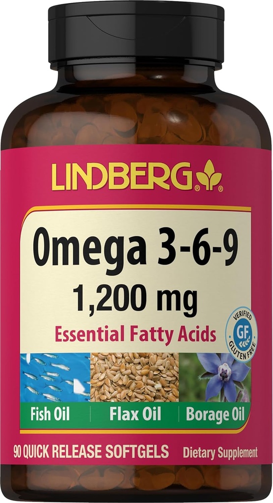 Lindberg Omega 3 6 9 Supplements | 1200mg | 90 Softgels | Essential Fatty Acids | with Fish, Flax, and Borage Oil | Non-GMO, Gluten Free