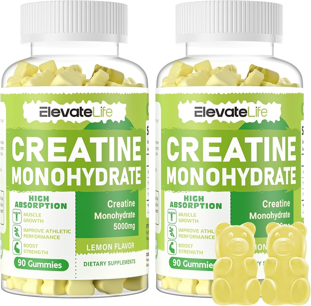 ElevateLife Creatine Monohydrate Gummies 5g para Hombre Mujeres - Sugar Suplemento Chewable Libre. 180 Gummies Lemon