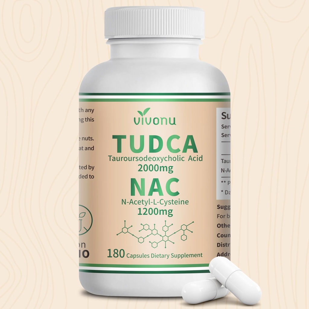 VivoNu TUDCA 2000mg + NAC 1200mg Supplement Complex Capsules, TUDCA Bile Salt + N Acetyl Cysteine, Antioxidant Supplements for Liver&Lung&Digestion&Gallbladder Cleanse(180 Capsules)