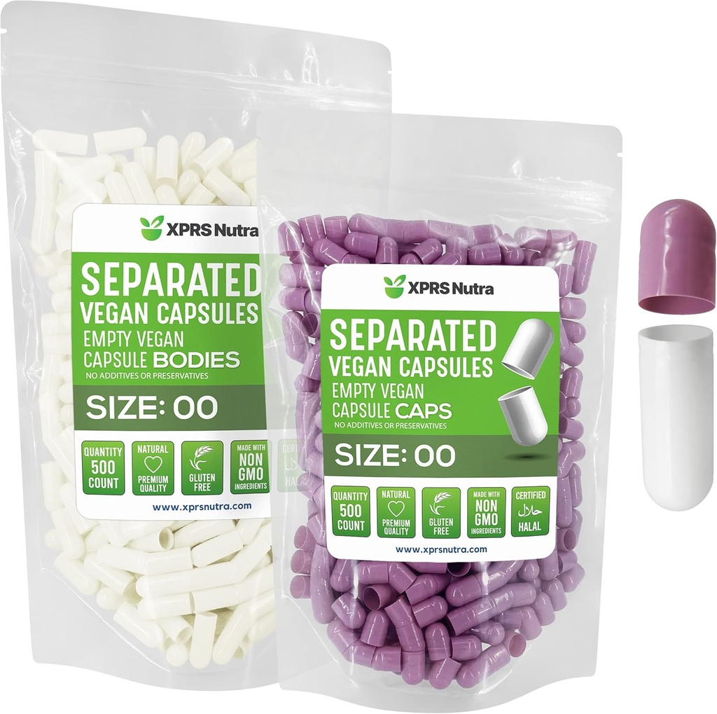 XPRS Nutra Vegan Tamaño 00 cápsulas separadas - 500 cápsulas de vacío Premium Separados en bolsas - 00 pastillas Vacío para relleno de suplementos de bricolaje (Lavanda / Blanco)