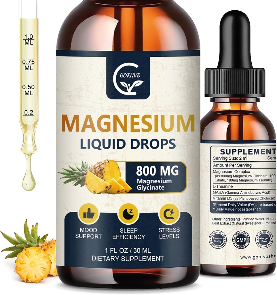 (2 Pack) Magnesium Glycinate Liquid Drops TENIDO 1000mg Liquid Magnesium Complex with D3, L-Thea & GABA for Energy, Sleep, Nerve and Heart Health, High Absorption, Pineapple Flavor