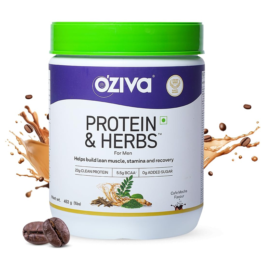 OZiva Protein & Herbs, Men with Multivitamins,Ashwagandha,Brahmi,Maca, Musli for Improved Stamina, Lean Muscles & Recovery 1.1 lbs, Cafe Mocha. Soy Free, Gluten Free, Non GMO