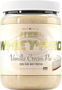 Steel Supplements Whey-Pro | 100% Pure Whey Protein Powder for Men and Women | Vanilla Cream Pie | Muscle Gain & Lean Muscle Recovery | Gluten Free | 1.65 lbs | BCAA 5g | Non-GMO | 25 Servings