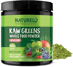 NATURELO Greens Superfood Powder - Unsweetened - Boost Energy, Detox, Enhance Health - Organic Spirulina - Wheat Grass - Whole Food Nutrition from Fruits & Vegetables - 480 Grams