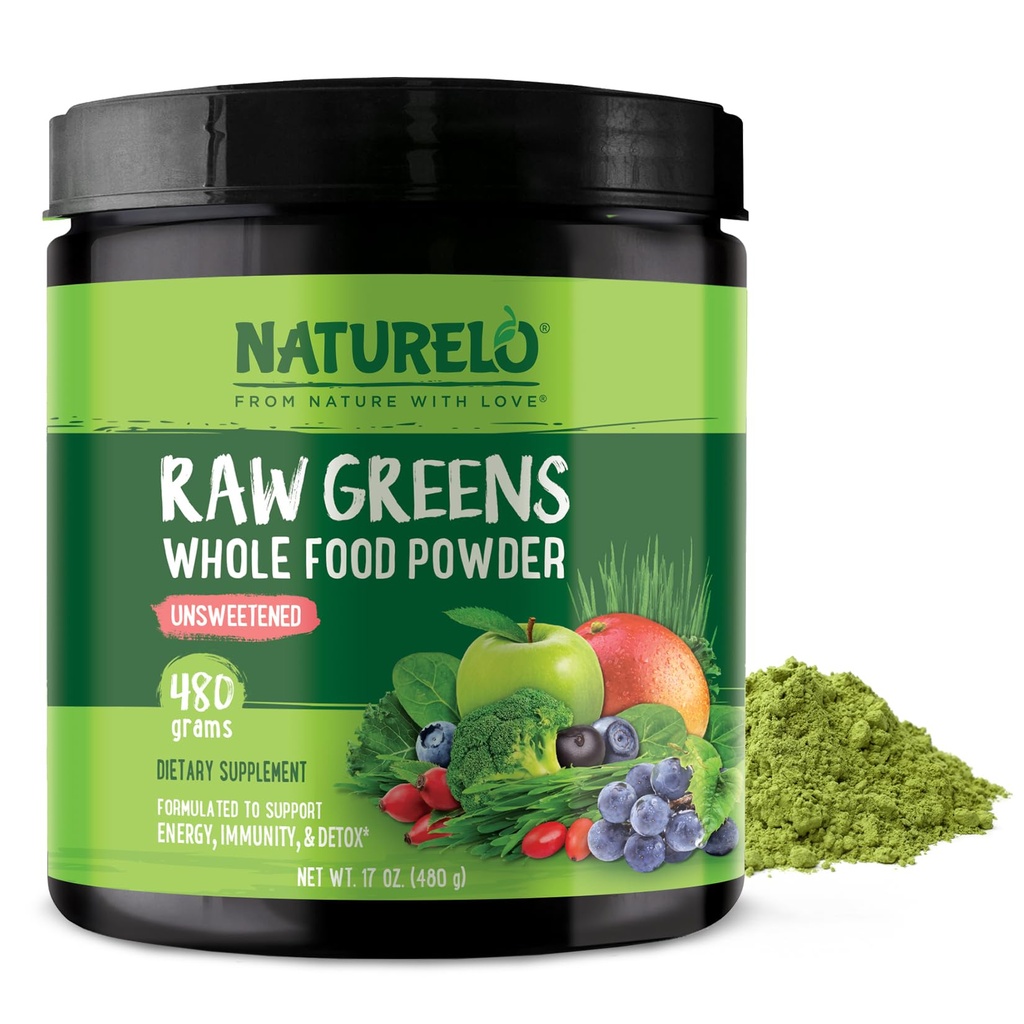 NATURELO Greens Superfood Powder - Unsweetened - Boost Energy, Detox, Enhance Health - Organic Spirulina - Wheat Grass - Whole Food Nutrition from Fruits & Vegetables - 480 Grams