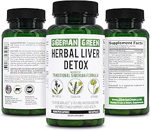 Siberian Green Herbal Liver Detox con Milk Thistle Artichoke Dandelion 60 cápsulas – Fórmula Siberiana tradicional Plus Enzymes para apoyar la salud del hígado