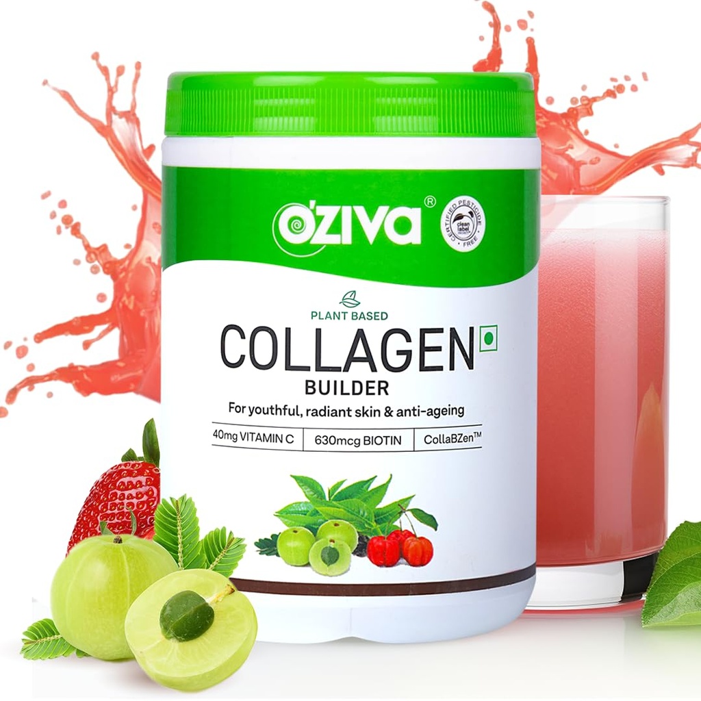 OZIVA Plant Based Collagen Builder with Biotin & Silica, Acai Berry, Bamboo Shoot, Sea Buckthorn for Anti Aging Beauty, 0.55 lbs, 100% Natural & Vegan Friendly (8.81 oz)