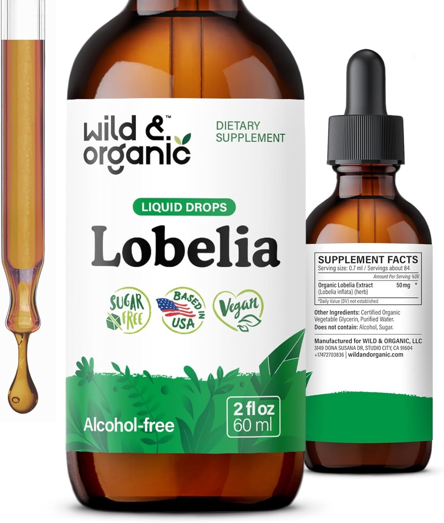 Wild &amp; Organic Lobelia Tincture - Herbal Lung Cleanse and Detox - Liquid Lobelia Extract Supplement - Vegan, Sugar &amp; Alcohol-Free Herb Drops - 2 fl oz
