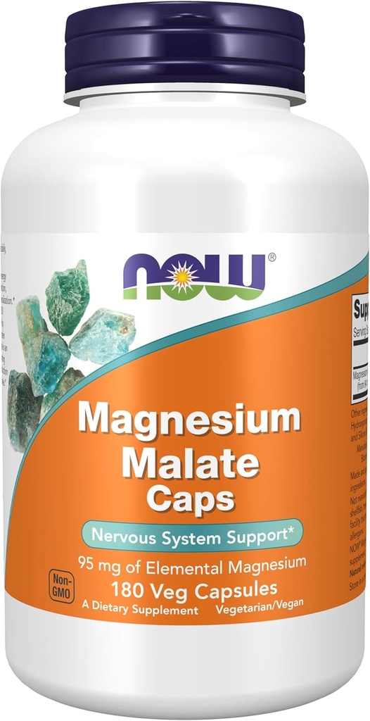AHORA Alimentos Suplementos, Magnesium Malate Caps con 95 mg de Magnesio Elemental, Nervous System Support*, 180 Veg Capsules