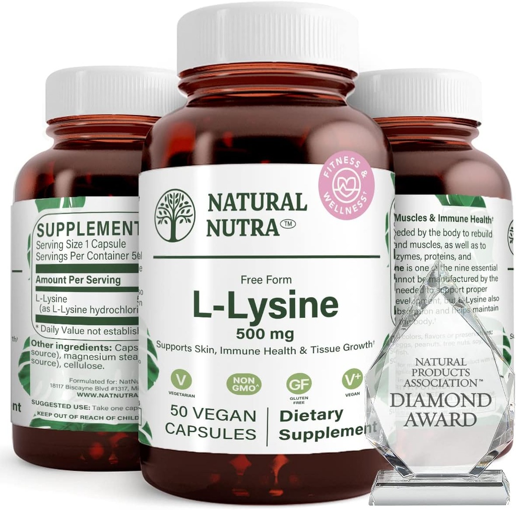 Natural Nutra L Lysine HCl, promueve la salud y el crecimiento de los huesos, ayuda la salud de la piel, mejora la absorción de vitamina C, ayuda a construir el colágeno, mejora la absorción de calcio, no GMO, Vegan, 500 mg, 50 cápsulas.