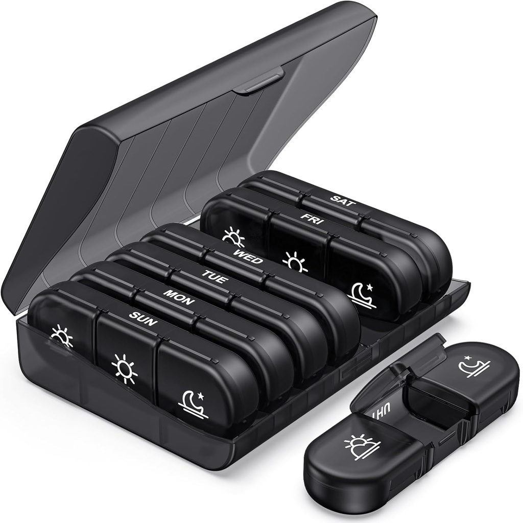 PULIV Organizador semanal de píldoras 3 veces al día, caja de carga de trabajo portátil 7 días con grandes contenedores de píldoras, caja ligera de píldoras para vitaminas, medicamentos, suplementos y aceites de pescado (negro)