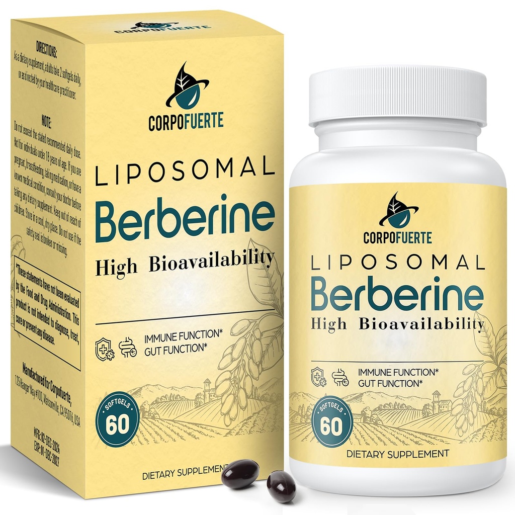 Liposomal Berberine - Berberine Supplement Activates AMPK, Supports Body Balance in Women and Men -Support Immune Function, Gut Function, Non-GMO, Sugar-Free, 60 Softgels