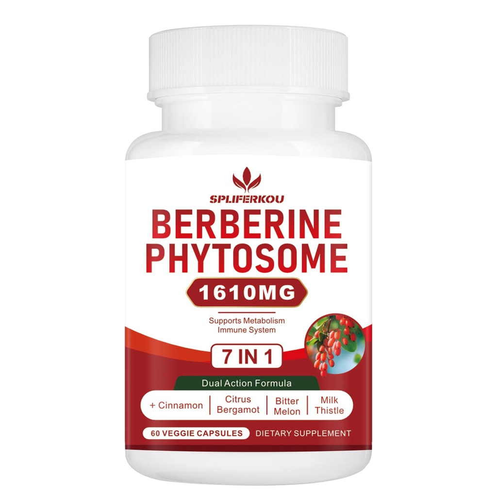 7-in-1 Berberine Phytosome with Ceylon Cinnamon, Berberine Complex Supports Metabolic, Liver Function and Immune System, Non-GMO - 60 Capsules