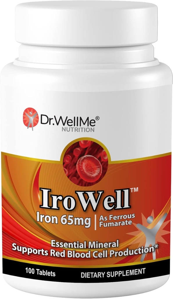 Irowell Iron Tablets 65mg – 100 Tablets for a Full 100-Day Supply Ferrous Fumarate for Energy, Muscle Strength & Immunity – Iron Supplement for Men &amp; Women