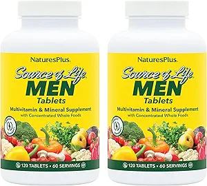 NaturesPlus Fuente de Vida Hombres - 120 Tabletas, Pack of 2 - Iron-Free Multi-Vitamin & Mineral Supplement - with Saw Palmetto, Lycopene & Lutein - Gluten Free, Vegetarian - 120 Total Servings