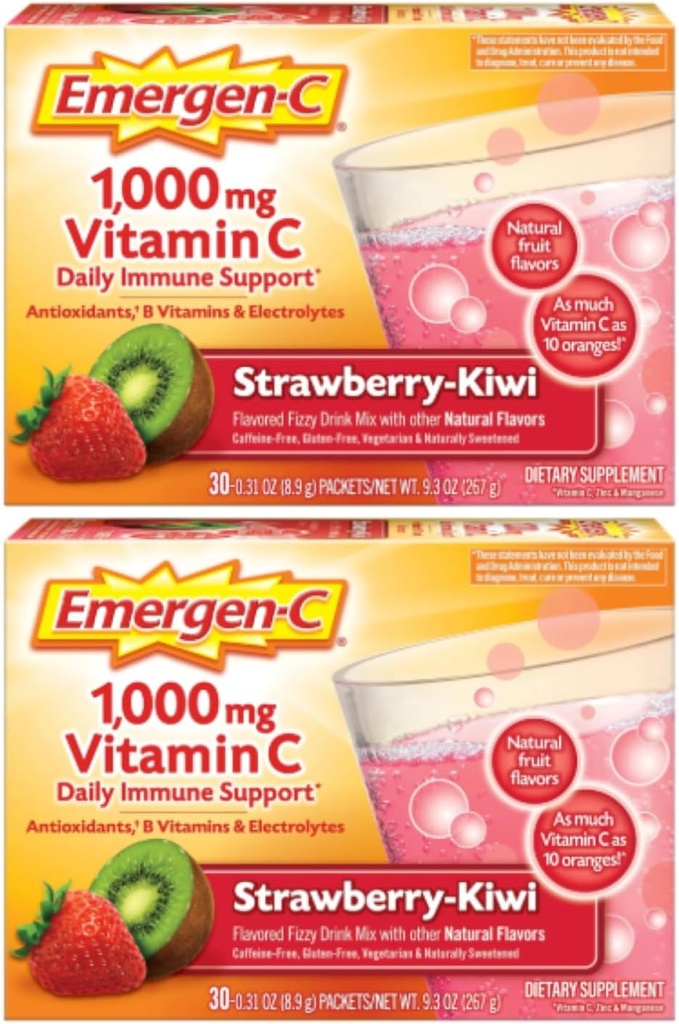 Emergen-C 1000mg Vitamina C Powder, Fresa Kiwi Flavor, Antioxidantes, Vitaminas B y Electrolitos, Suplementos de Vitamina C para Apoyo Inmunitario, 30 Cuenta (Pack of 2)