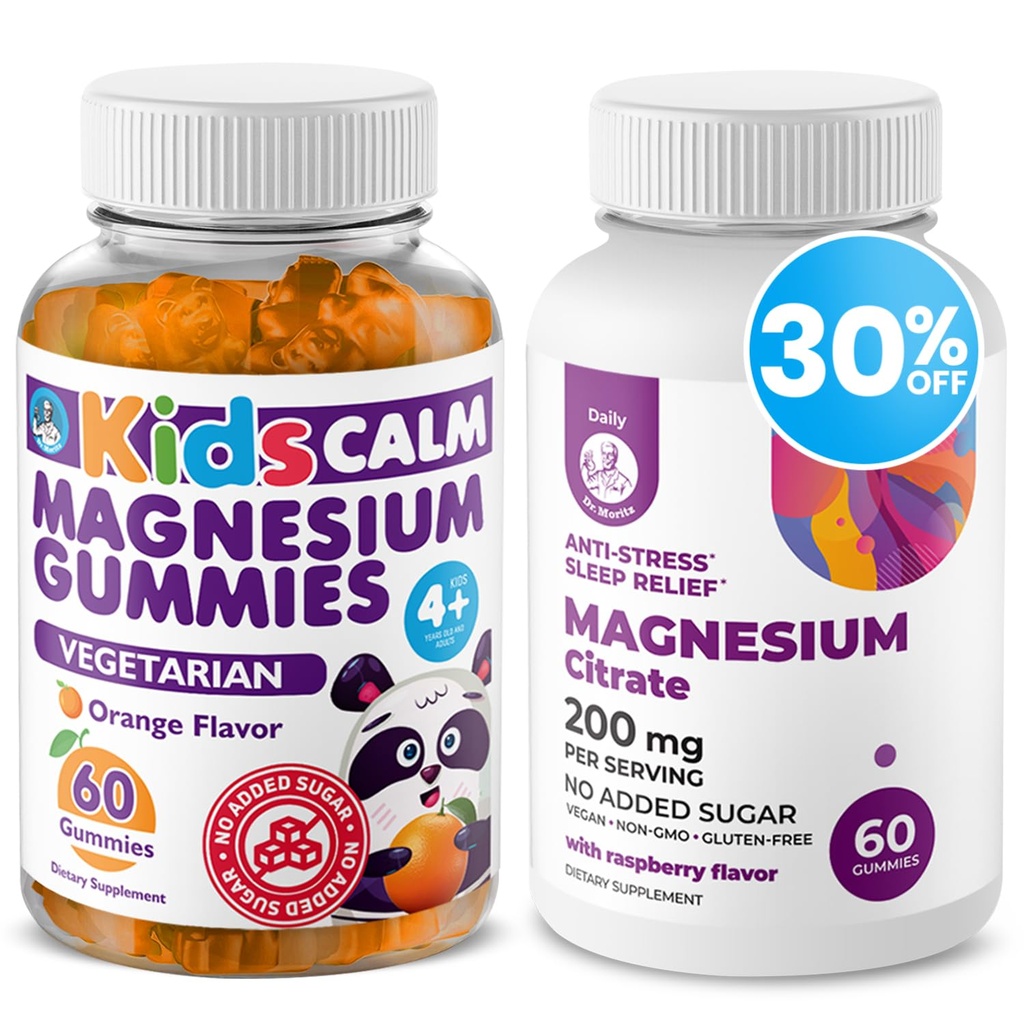 DR. MORITZ Kids Magnesium Gummies Orange Flavor (60 Count, 1 Pack) and 200 mg Calm Magnesium Gummies for Women & Men, Raspberry Flavor (60 Count, 1 Pack) - No Added Sugar & Non-GMO