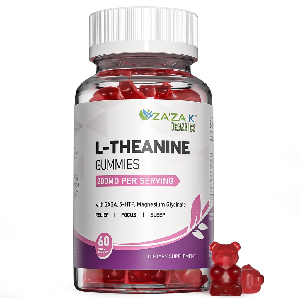 ZA'ZA K ORGANICS L-Theanine 200mg Gummy, L Theanine Supplement Gummies with GABA, 5-HTP & Magnesium Glycinate for Adults and Kids, Stress & Focus Support, Vegan Peach Flavor, 60 Chewable