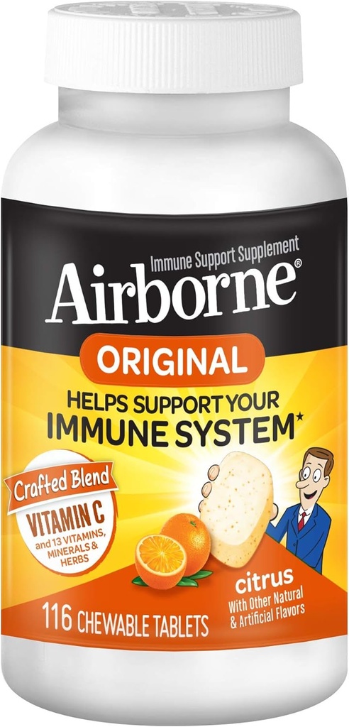 Airborne 1000mg Vitamina C + Zinc Immune Support Suplemento Chewable Tablets, Citrus Flavor con potentes antioxidantes Vitaminas A C &amp; E, 116 Chewable Tablets (3 Pack)