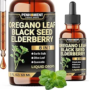 8in1 2900mg Aceite de gotas de orégano con aceite de semilla negra líquido TENIDO Contiene Carvacrol ANTE Ajo, Elderberry, hoja de oliva, Quercetina, Bromelain - 2 Fl Oz
