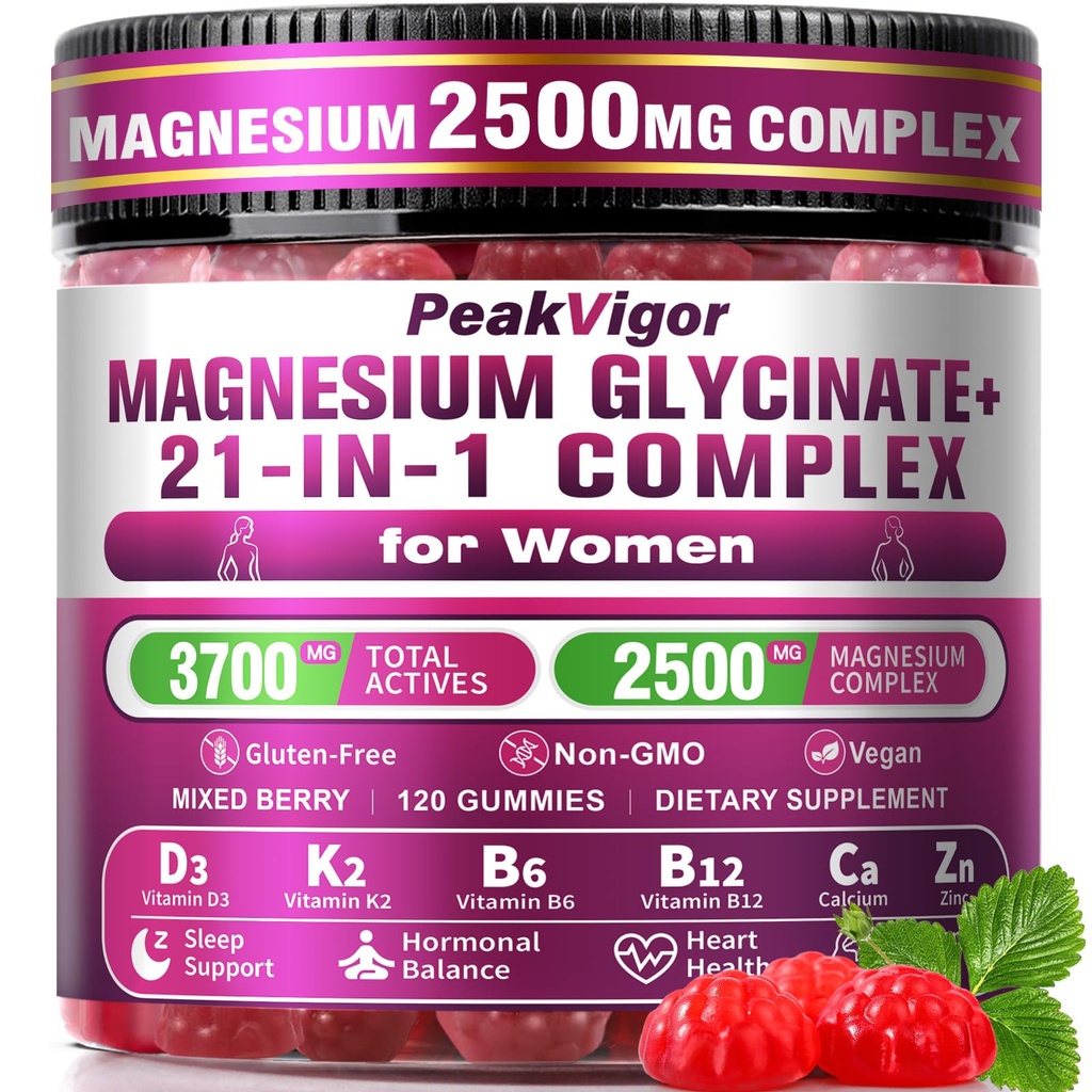 21 in 1 Magnesium Glycinate Gummy for Women with D3, K2, B6, B12, L-Theanine & Ashwagandha, 2500mg Magnesium Complex, Sleep Support, Vegan, Non-GMO,Third-Party Tested (60-Day Supply)