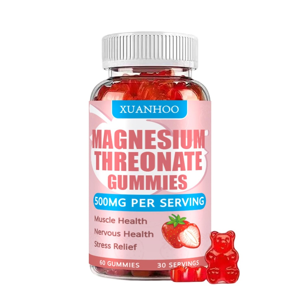 Magnesium Threonate Gummies,Magnesium Supplement,Strawberry Flavor,60Gummies,250mg Magnesium per Gummy,Muscle & Nerve Health,Stress Relief