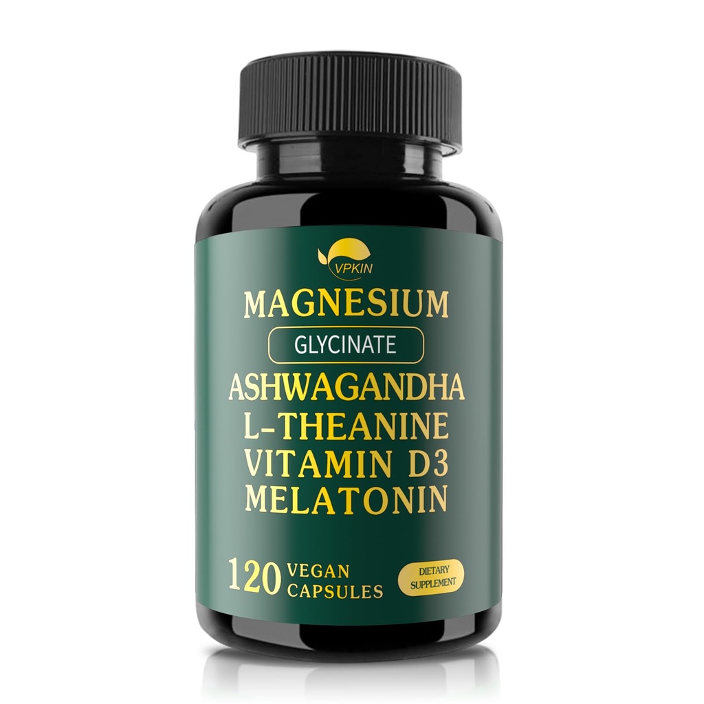 VPKIN Magnesium Ashwagandha Supplement,Magnesium Glycinate,Melatonin,L-Theanine Plus Vitamin D3,Gluten Free,120 Capsules