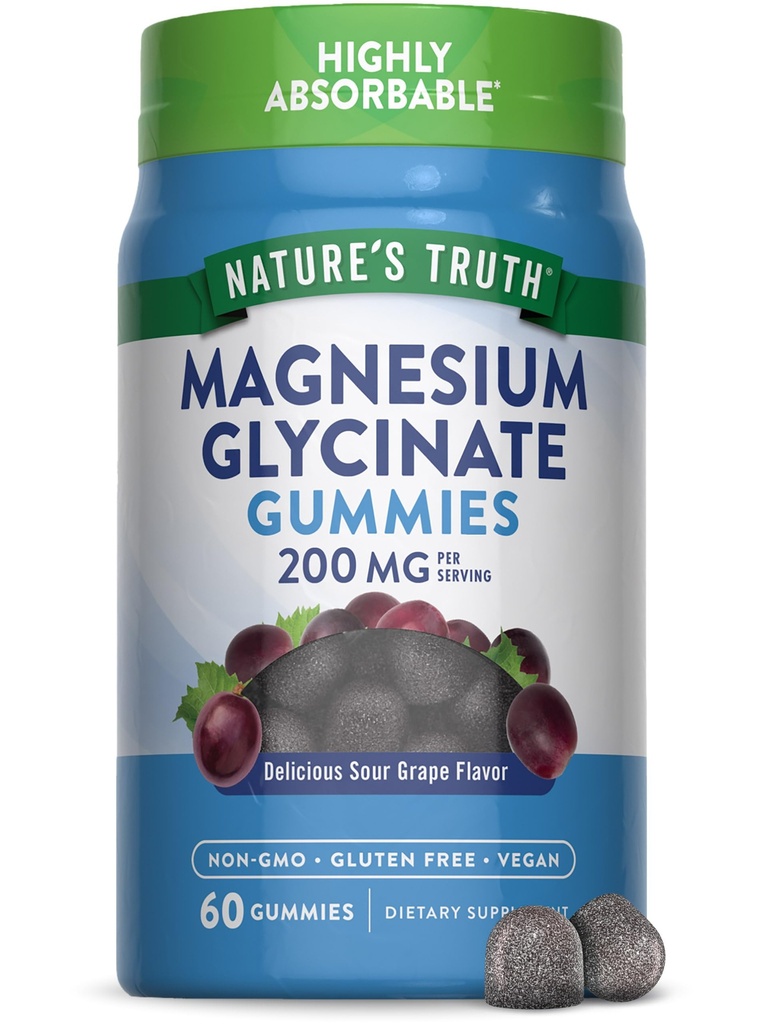 Nature's Truth Magnesium Glycinate Gummies for Adults | 200mg | 60 Count | Vegan, Non-GMO & Gluten Free Supplement | Grape Flavor
