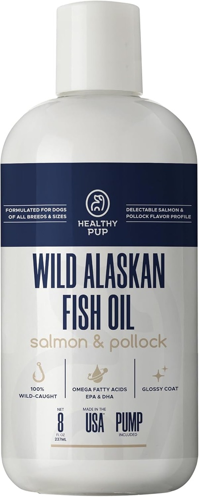 Salvaje Aceite de Salmón de Alaska para Perros con Pollock - 8 oz de Pollock y Aceite de Salmón, Omega 3, EPA, y DHA - Perros Skin y Coat Suplemento - Made in USA