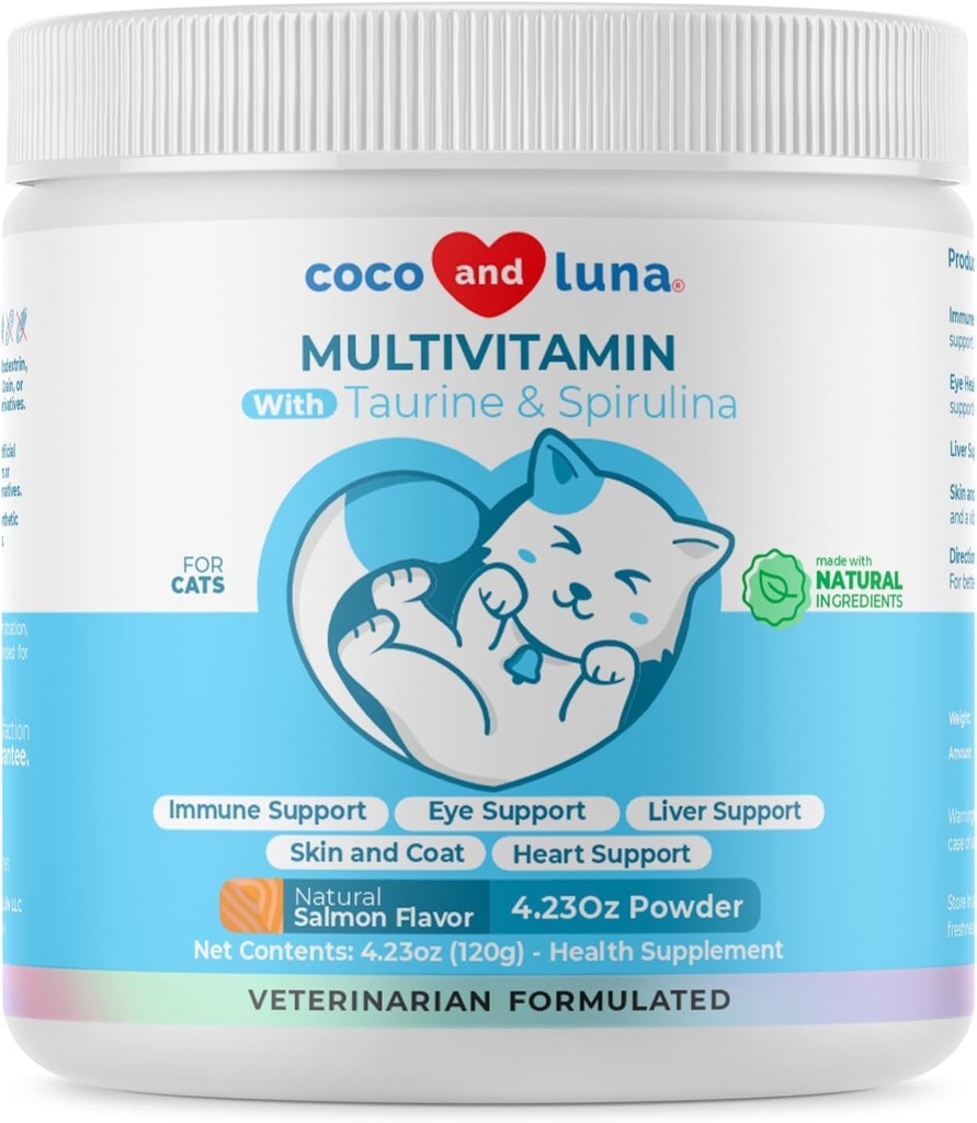 Multivitamínico para gatos - 4oz Polvo - L-Lysine, Taurine y Spirulina para soporte inmunitario y salud ocular - Aceite de pescado y vitaminas para la piel y la salud cardíaca. (para gatos)