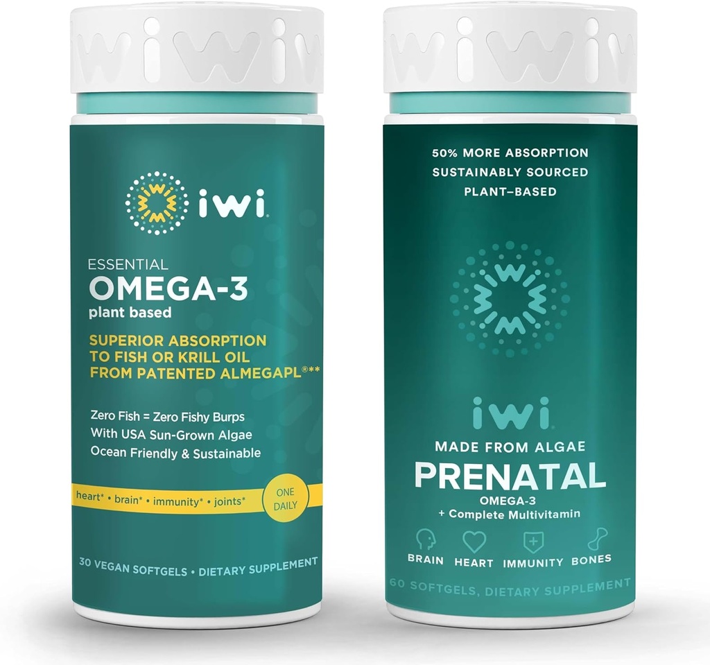 Iwi Omega-3 Esencial &amp; Prenatal Multivitamínico Bundle, 30 Servidores, Vegan Planta-Basada Algae Omega 3, Krill & Fish Oil Alternative, No Fishy Aftertaste