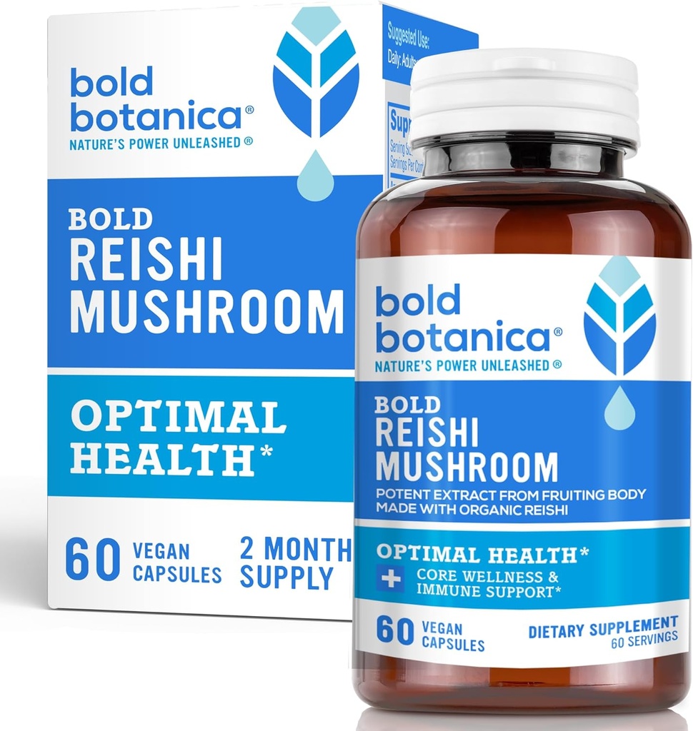 Bold Botanica Reishi Mushroom Capsules - 100% Fruiting Body - Concentrated Organic Reishi Extract for Immune Support &amp; Core Wellness - No Mycelia & No Grain - 60 Vegan Capsules