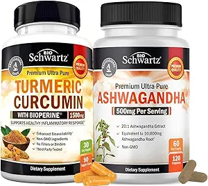 Extra Strength Ashwagandha Capsules (2 Mes de Suministro) Más Curcumina Turmérica con Pepper Negro Extracto Complejo de 1500mg (tamaño de prueba)