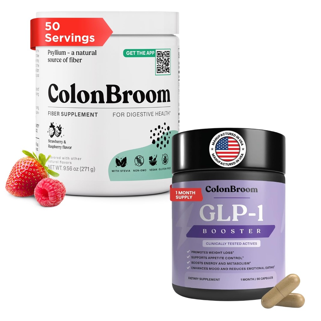 ColonBroom GLP-1 Weight Management (30 Servings) + Psyllium Husk Powder Supplements (Strawberry & Raspberry, 50 Servings) Supports Appetite Control, Energy, Mood Balance, Bloating Relief & Gut Health