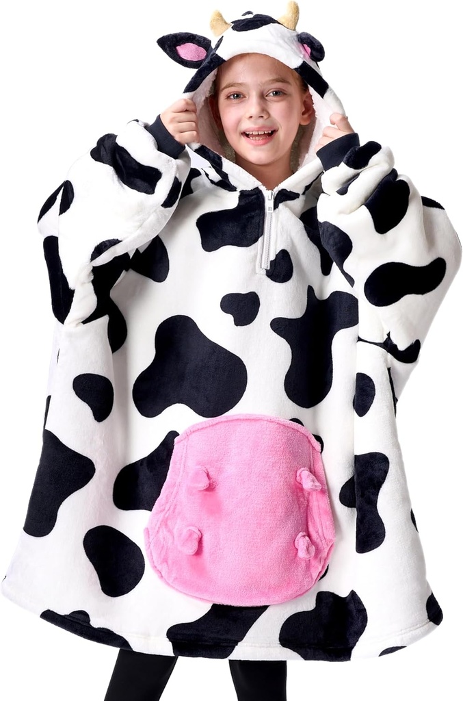 Giggling Getup Wearable Blanket Hoodie for Girls and Boys Sherpa Fleece Hooded Blanket Sweatshirt Warm Cozy Sherpa Wearable Tire Oversized Hoodie with Giant Pocket &amp; Sleeves for Kids Cow