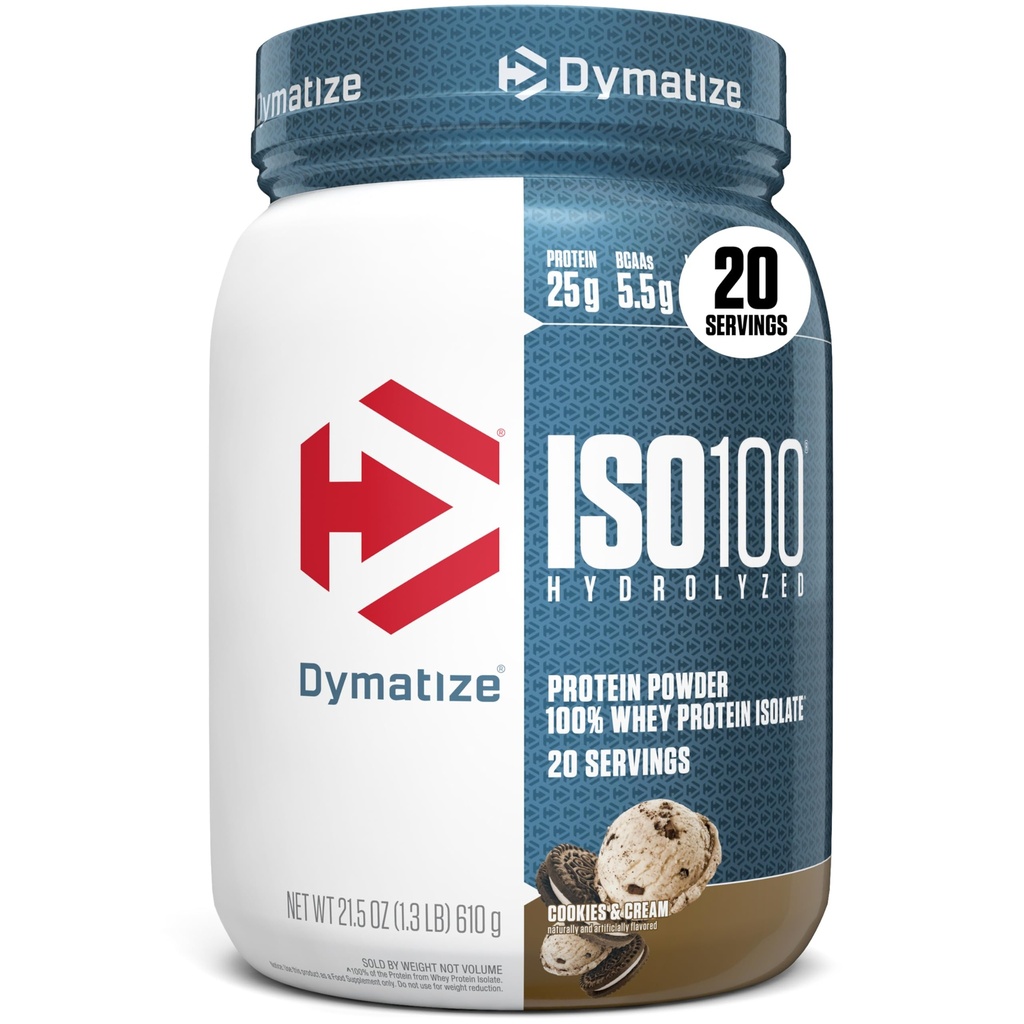 Dymatize ISO100 Whey Protein Powder Isolate, Cookies " Cream, 25g de Protein, 5.5g BCAAs, Menos Than 120 Cal., Gluten Free, 1g Fat, 1g Sugar, 2g Carb (20 Servings)