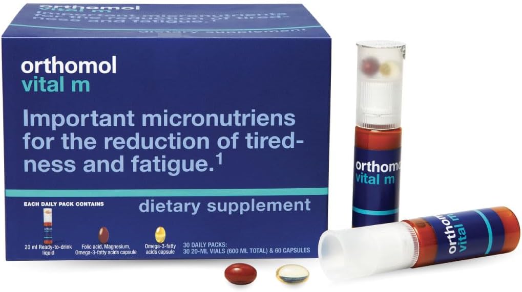 Orthomol Vital M Vial – Suplemento de vitaminas para hombres de 30 días con A, B, C, D, E, K, Iodine &amp; Omega-3 – Soporta energía masculina &amp; vitalidad