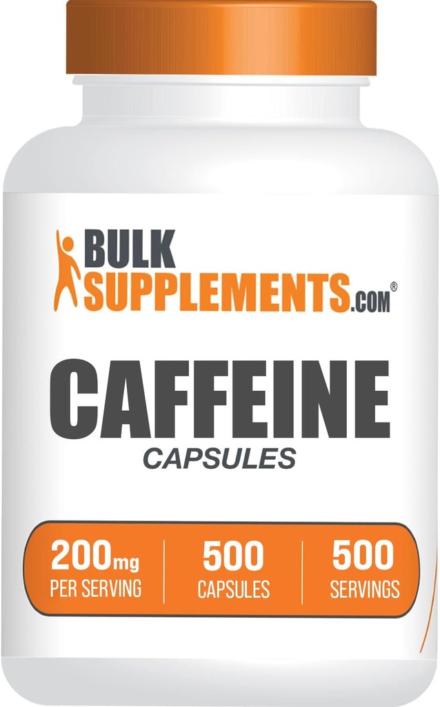 BulkSupplements.com Caffeine 200mg Capsules - Suplemento para el Boost de Energía, Caffeine Pills 200mg - Gluten Free, 1 cápsula por Serving, 500 Cuenta (Pack of 1)