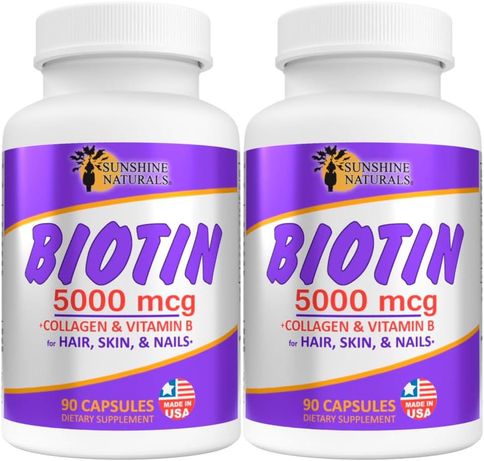 Sunshine Naturals Biotin Suplemento dietético. para la piel más saludable, cabello delgado, crecimiento de la uñas. Collagen, vitamina A, B para la pérdida del cabello, belleza, renovación celular, salud del cuero cabelludo. 5000 mcg. 90 cápsulas. Paquete de 2